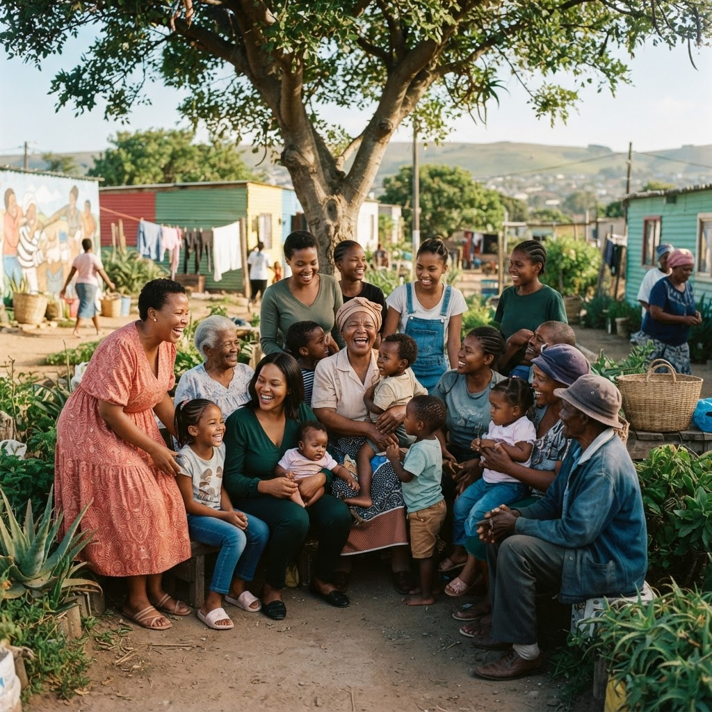 Families and community members gathering outdoors in South Africa
